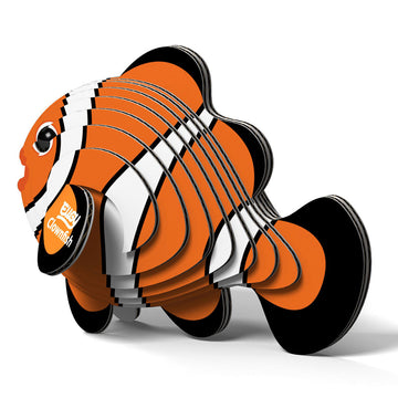 Side view of a 3D clownfish made from coloured cardboard layers stacked together.