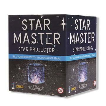 Box for star master projector with a photo of the cylinder shaped projector against a starry background.