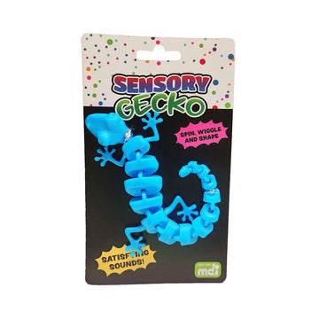 A gecko toy in blue on a card with product information.
