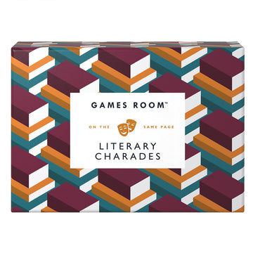 Front of a games box with the title 'Games Room Literary Charades' against a background of illustrated books.