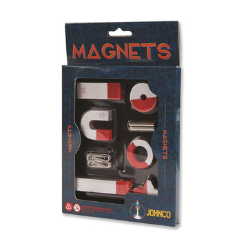 Eight magnets are inside a box with a clear cut out on the front. Each magnet is a different shape including circles, rectangles and arches.