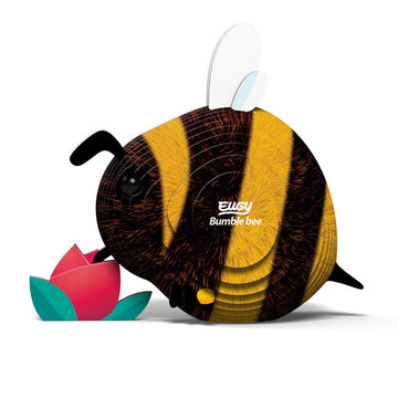 Side view of a 3D bumblebee with a flower made from layers of coloured cardboard.