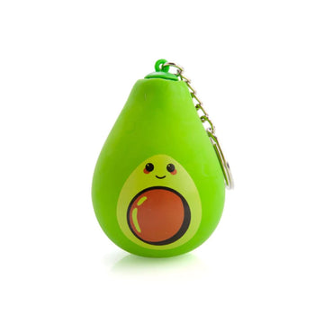 An avocado shaped stress keychain.