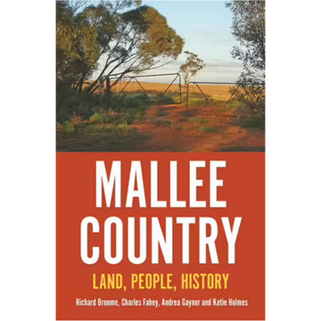 'Mallee Country' book cover featuring a photo of an open gate surrounded by trees on the top half. The bottom half has the book title written on white on an orange red background.