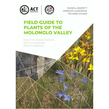 'Field Guide to Plants of the Molonglo Valley' book cover featuring photos of four different grass plants in triangular shapes.