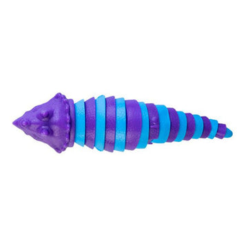 A sensory dinosaur toy shown from the top down in purple and blue stripes.