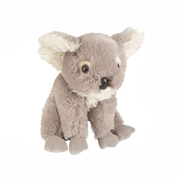 A small koala soft toy in grey with white accents.