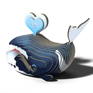 Side view of a bowhead whale made from layers of coloured cardboard.