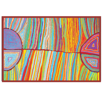 A rectangle shaped table cloth with a maroon border and printed with artwork by Judy Watson. The artwork features vertical lines in different colours including yellow, blue and green.