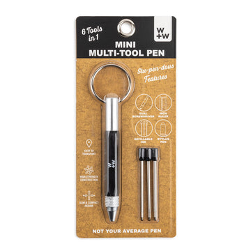 A multi tool pen packaged against a card backing with product information.