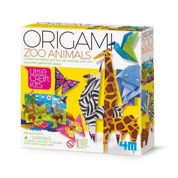 Front box cover of Origami Zoo Animals featuring completed origami animals including a giraffe, zebra, elephant and butterflies. There is a smaller image of the play sets inside.