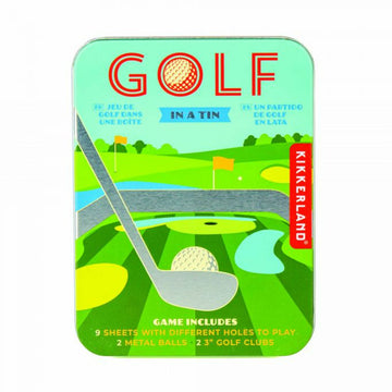 A tin container titled 'Golf in a Tin' with an illustration of a golf game.