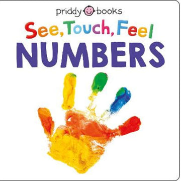 'See Touch Feel Numbers' book cover featuring a white background with a painted handprint.