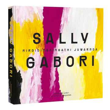 'Sally Gabori' book cover featuring a close up of brush strokes in yellow, white and pink.