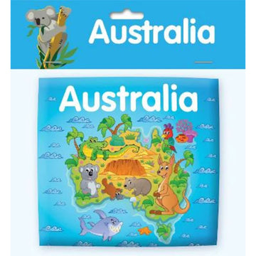 'Australia' book inside a clear packet with a blue cardboard heading also titled 'Australia'. The book cover featuring an illustration of the map of Australia with Australian animals on it.