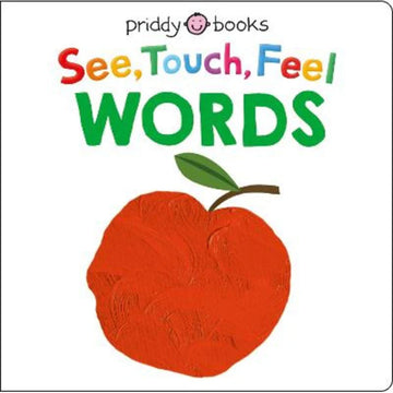 'See Touch Feel Words' book cover featuring a white background with an image of a painted red apple.