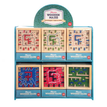 A set of six wooden mazes on display in a three by two grid.