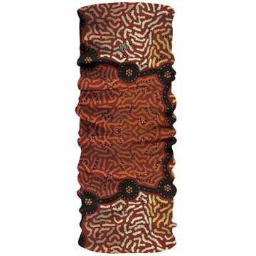 Fabric in a tubular shape printed with artwork by Roxanne Anderson in shades of brown.