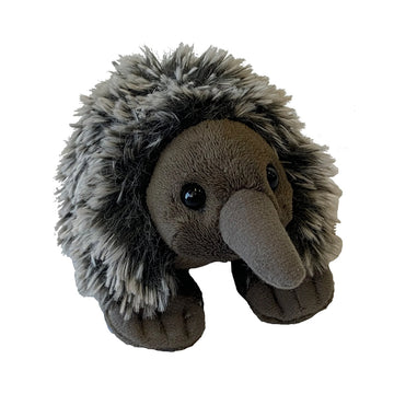 Front and side view of an echidna soft toy.