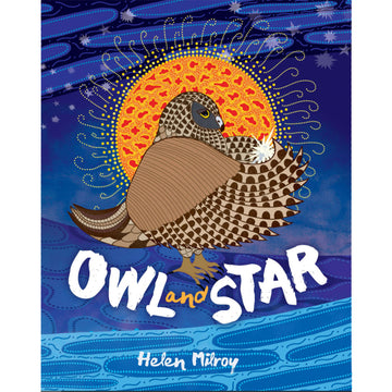 'Owl and Star' book cover featuring an illustration of a brown owl in front of a sun on a blue patterned background.