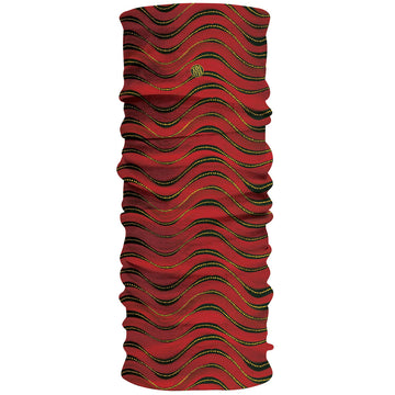 Fabric in a tubular shape printed with artwork by Dallas Harris in red with yellow and black wavy stripes.