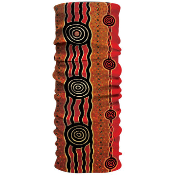 Fabric in a tubular shape printed with artwork by Annette Williams in orange with black and red wavy lines and circles.