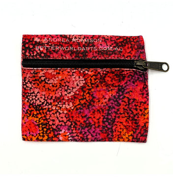 A square shaped pouch printed with artwork by Andrea Adamson with a black zipper across the top half.