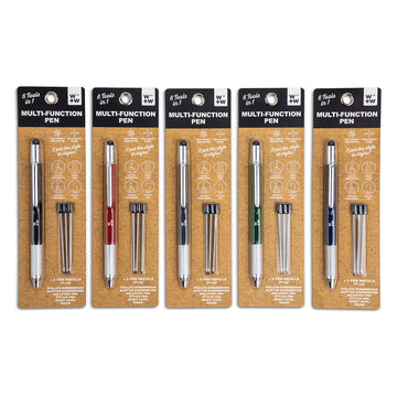 Five different coloured multi function pens inside packaging with product information.