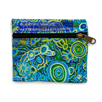 A square shaped pouch printed with artwork by Cedric Varcoe with a black zipper across the top half.