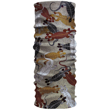 Fabric in a tubular shape printed with artwork by Stacey Petterson featuring different coloured goannas.