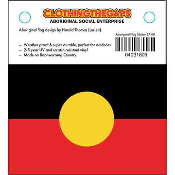 A sticker of the Aboriginal flag with product information written above it.