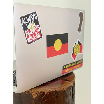 A sticker of the Aboriginal flag with product information written above it.