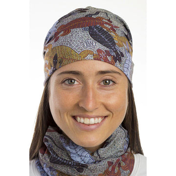 Fabric in a tubular shape printed with artwork by Stacey Petterson featuring different coloured goannas.