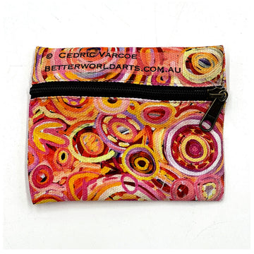 A square shaped pouch printed with artwork by Cedric Varvoe with a black zipper across the top half.