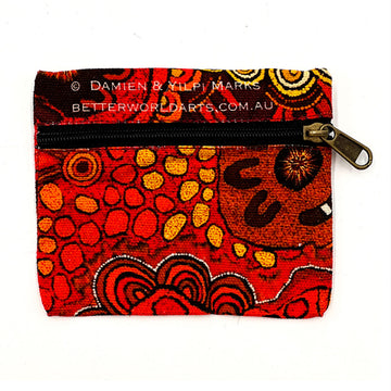 A square shaped pouch printed with artwork by Damien and Yilpi Marks with a black zipper across the top half.
