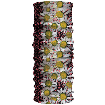 Fabric in a tubular shape featuring artwork by Tamisha Newberry with sunflowers on a pink and black background.
