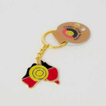 A keyring in gold with an image of Australia in Aboriginal flag colours.