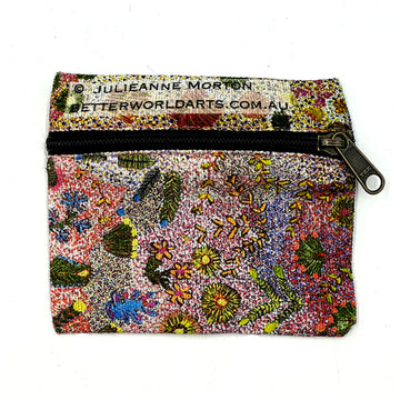 A square shaped pouch printed with artwork by&nbsp;Julianne Morton with a black zipper across the top half.