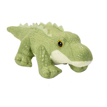 A soft toy in the shape of a green alligator.