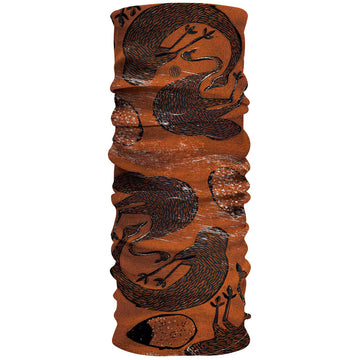 Fabric in a tubular shape printed with artwork by Andrew Harris in orange with animals in black