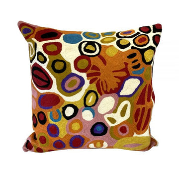 Woven woollen, zippered cushion cover 40cm x 40cm, stitched onto cotton base. Artwork by Anmanari Brown. White, red, purple, blue, black, yellow, circles and symbols. White background.