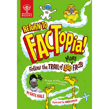 'Return to Factopia' book cover featuring a long cloud trail with illustrations along the way including giraffes, a space person, a dog and a plane.