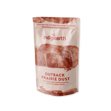 A light brown packet with brown overlays and a line drawing of plants and flowers. The text 'Indigiearth Outbback Prairie Dust' is written in brown.