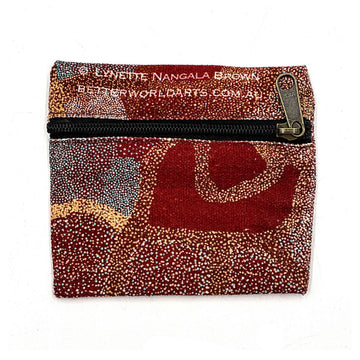 A square shaped pouch printed with artwork by Lynette Nangala Brown with a black zipper across the top half.