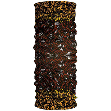 Fabric in a tubular shape printed with artwork by Mick Quilliam in brown, yellow, black and white.
