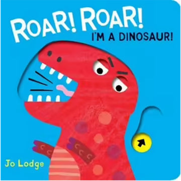 'Roar! Roar! I'm a Dinosaur!' book cover featuring an illustration of a red dinosaur on a blue background.