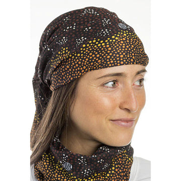 Fabric in a tubular shape printed with artwork by Mick Quilliam in brown, yellow, black and white.