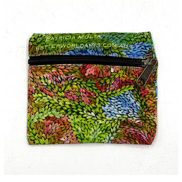 A square shaped pouch printed with artwork by Patricia Multa with a black zipper across the top half.