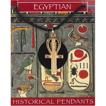 An ankh shaped gold plated pendant with a black cord attached to an illustrated backing card with the title 'Egyptian Historical Pendants'.