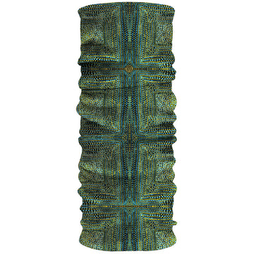 Fabric in a tubular shape printed with artwork by Biddy Timbinah in green with yellow dots.